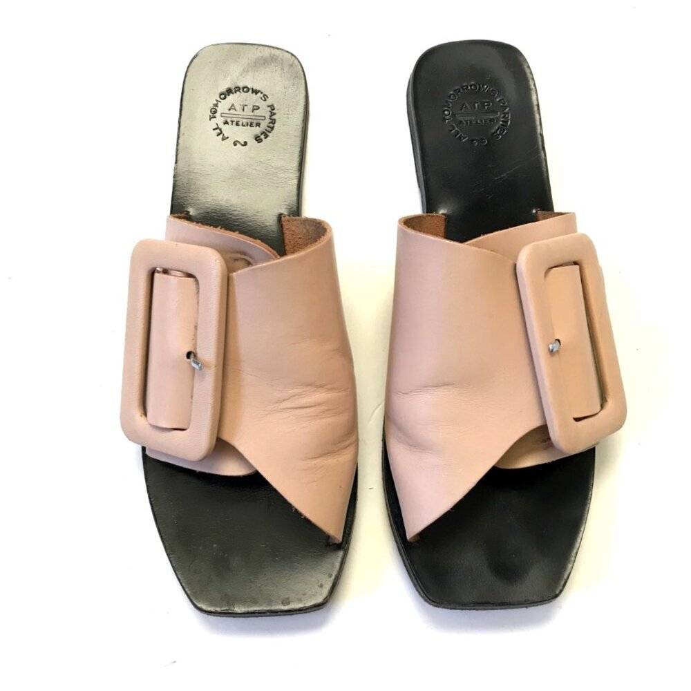 ATP Atelier Ceci Vacchetta Slide Sandals Womens 39 9 Black Tan Leather Flats